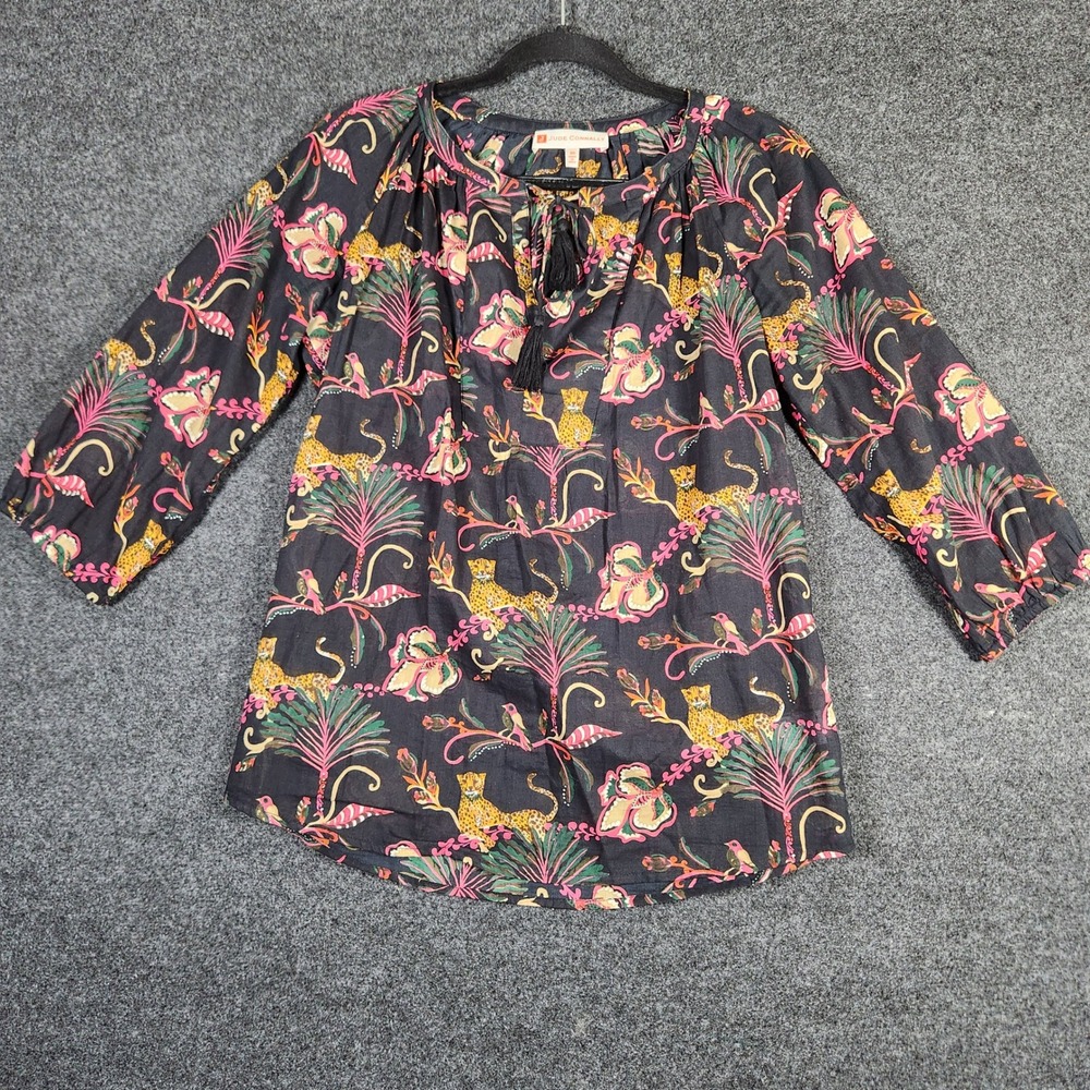 Jude Connally Womens XS Leopard Tropical Print Tunic Blouse Black Junglecore